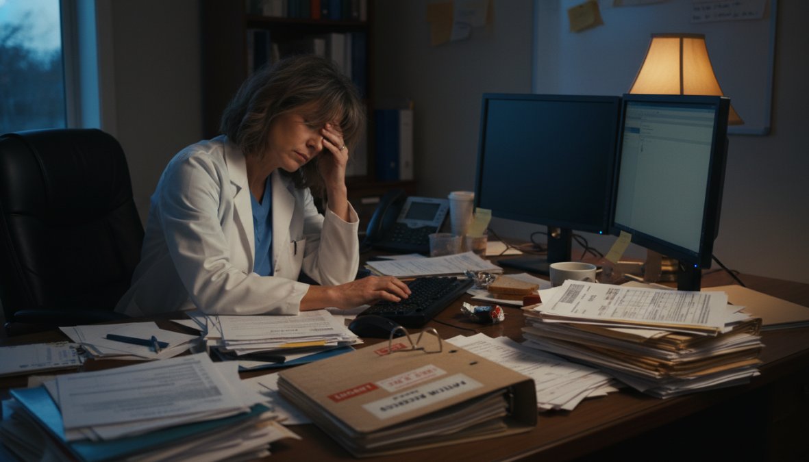 A visibly exhausted physician in business casual attire sitting at a cluttered desk late in the day, surrounded by stacked paperwork and an open EHR screen glowing in dim office lighting, conveying documentation fatigue
