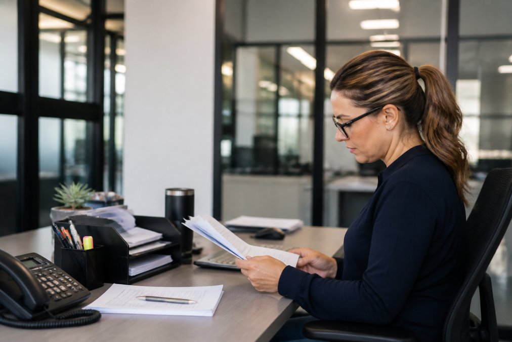 Professional office manager at desk with multiple computer monitors displaying dispatch software, scheduling calendars, and invoicing systems, with organized workspace and modern office lighting