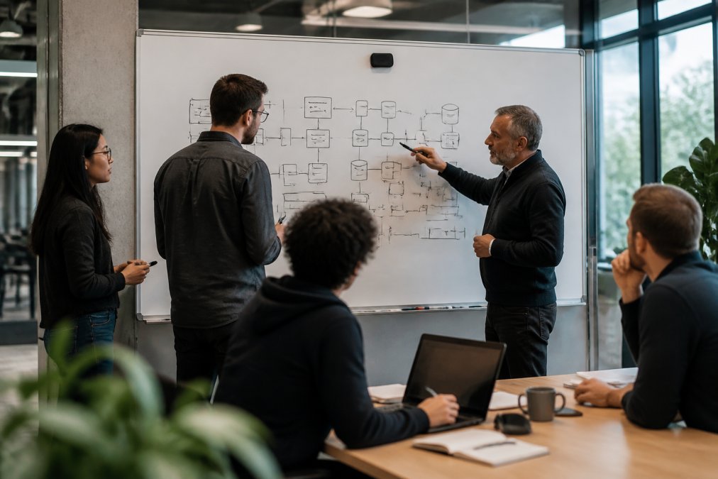 Team of engineers and security architects gathered around a whiteboard with system architecture diagrams, discussing data flows and integration points between legacy systems and AI agents in a modern office environment