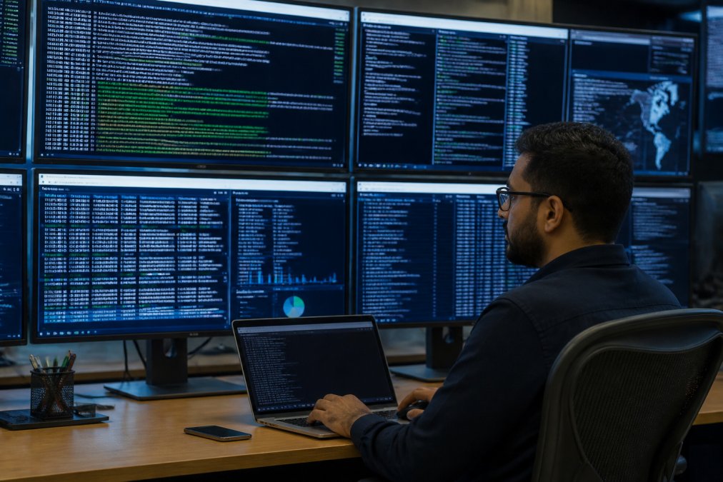 Security professional monitoring AI agent execution logs and authorization events on multiple high-resolution displays showing real-time transaction verification and cryptographic signatures in a secure operations center