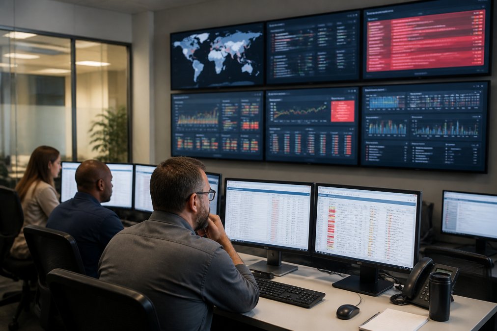 A security team monitoring multiple agent workflows on large displays in a command center environment, with dashboards showing real-time metrics, execution traces, and anomaly alerts visible on screens