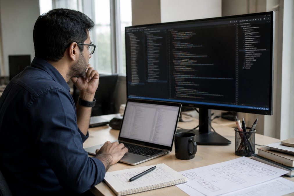 A software engineer at a desk reviewing agent performance metrics and cost reports on a monitor, with notebooks, analysis tools, and infrastructure diagrams visible nearby, natural office lighting