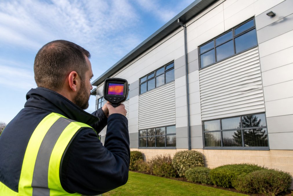 Professional energy auditor using thermal imaging camera on commercial building exterior, examining insulation and heat loss areas in daylight