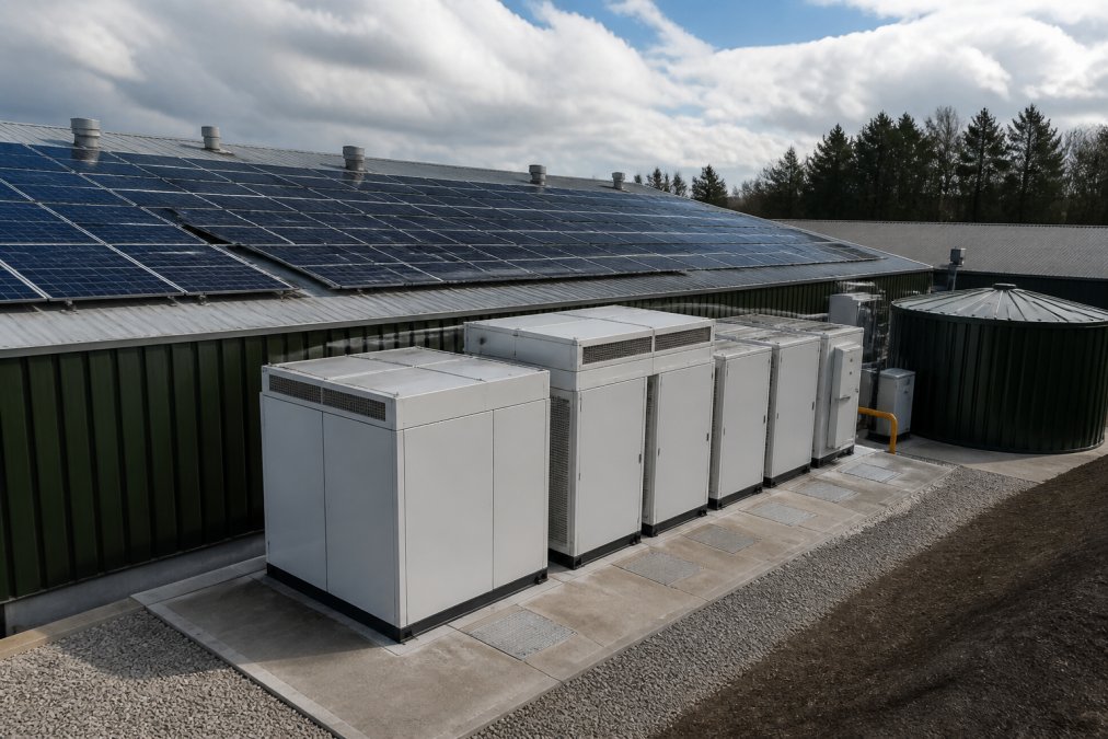 Commercial solar installation on warehouse roof with battery storage unit visible in foreground, showing integrated solar and energy storage system