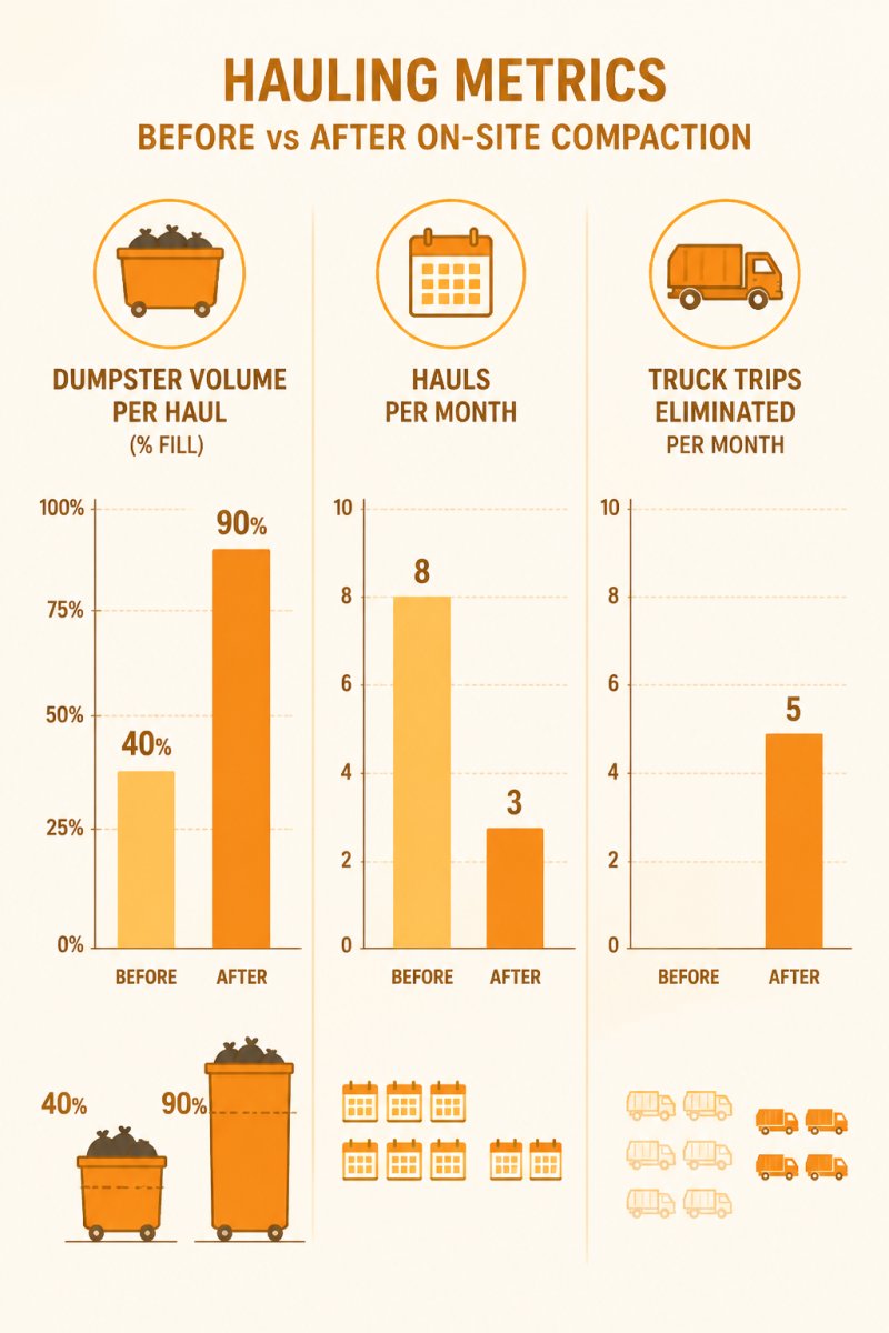Bar chart comparing hauling metrics before and after on-site compaction at a distribution center: dumpster volume per haul rising from 40% to 90% fill, hauls per month dropping from 8 to 3, and truck trips eliminated per month