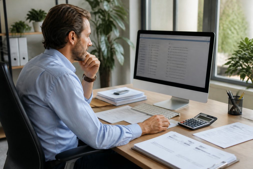 E-commerce business owner reviewing transaction records and customer communications on a computer screen with payment processing documentation and order confirmations visible nearby, natural office lighting