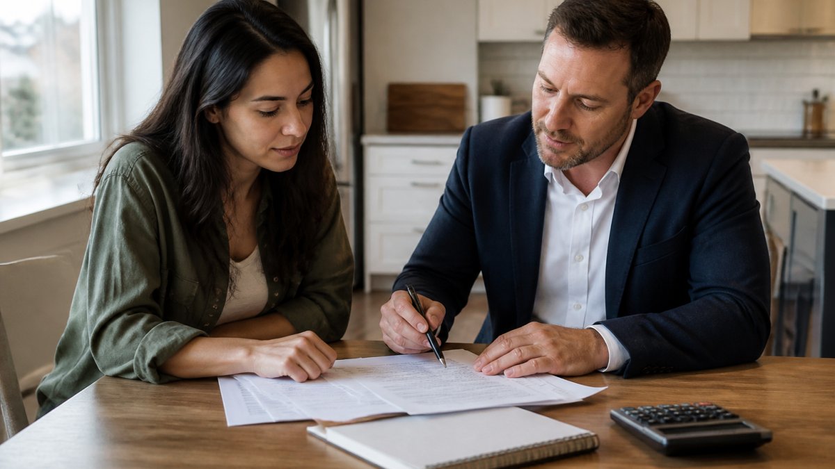 A real estate agent and a first-time homebuyer reviewing a closing cost worksheet and loan estimate at a kitchen table, with a calculator and pen nearby, natural light coming through a window