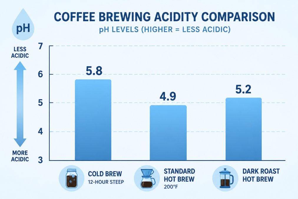 Bar chart comparing pH levels: cold brew 12-hour steep pH 5.8, standard hot brew 200°F pH 4.9, dark roast hot brew pH 5.2