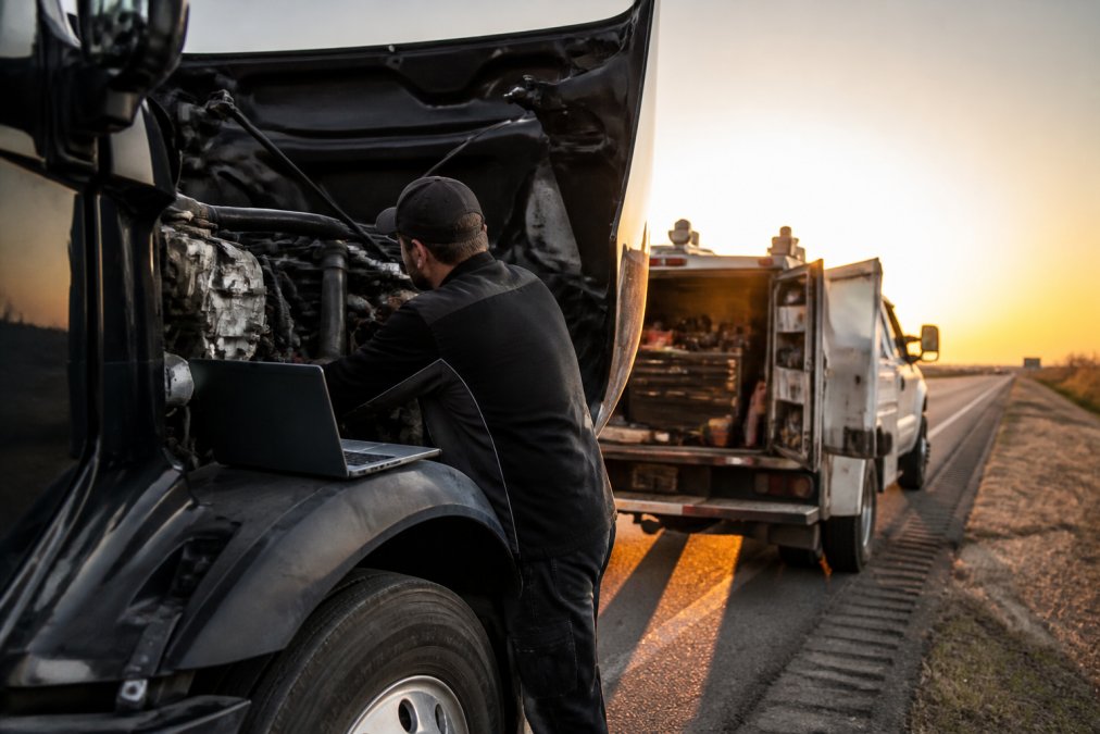 A professional mobile diesel mechanic in a branded service truck working on the engine of a commercial semi-truck parked on the shoulder of a highway, diagnostic laptop open on the fender, golden hour lighting