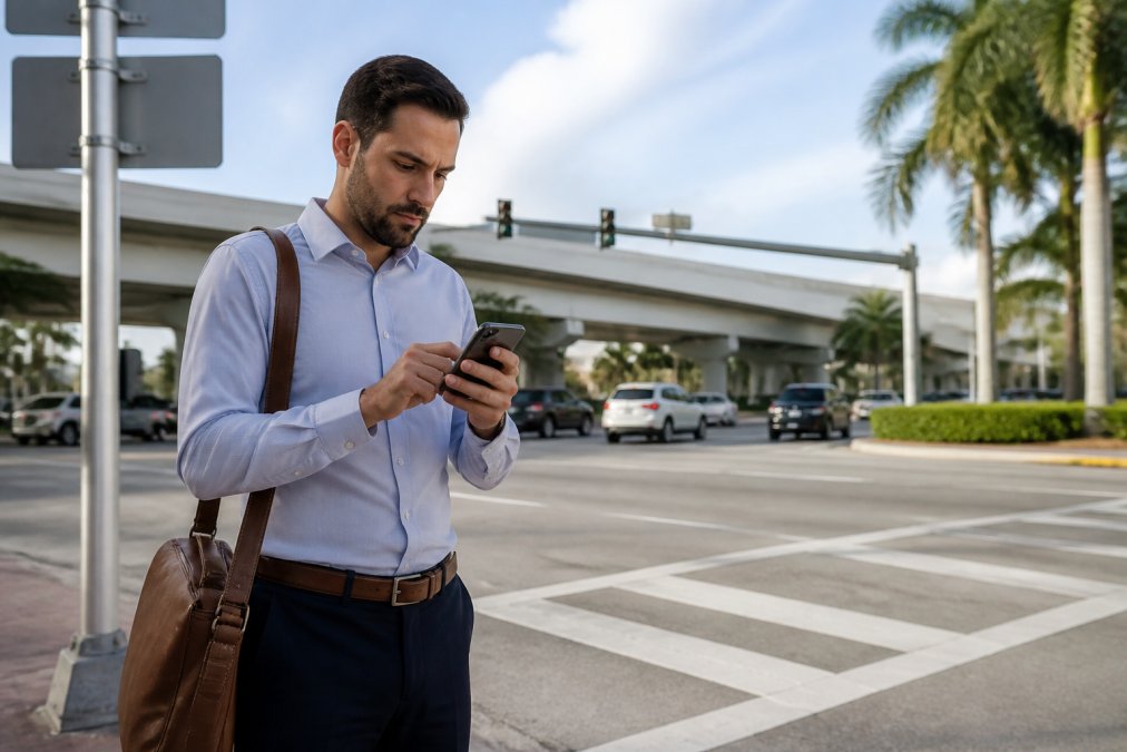 Young professional standing at a Boca Raton street intersection with directional signs and highway overpass visible in the background, checking GPS on smartphone with focused expression