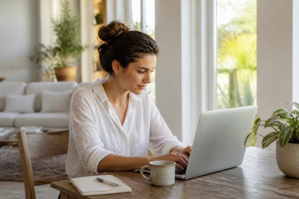 Professional working remotely at home on a laptop with coffee and notebook, bright natural light streaming from window, calm residential setting with plants visible
