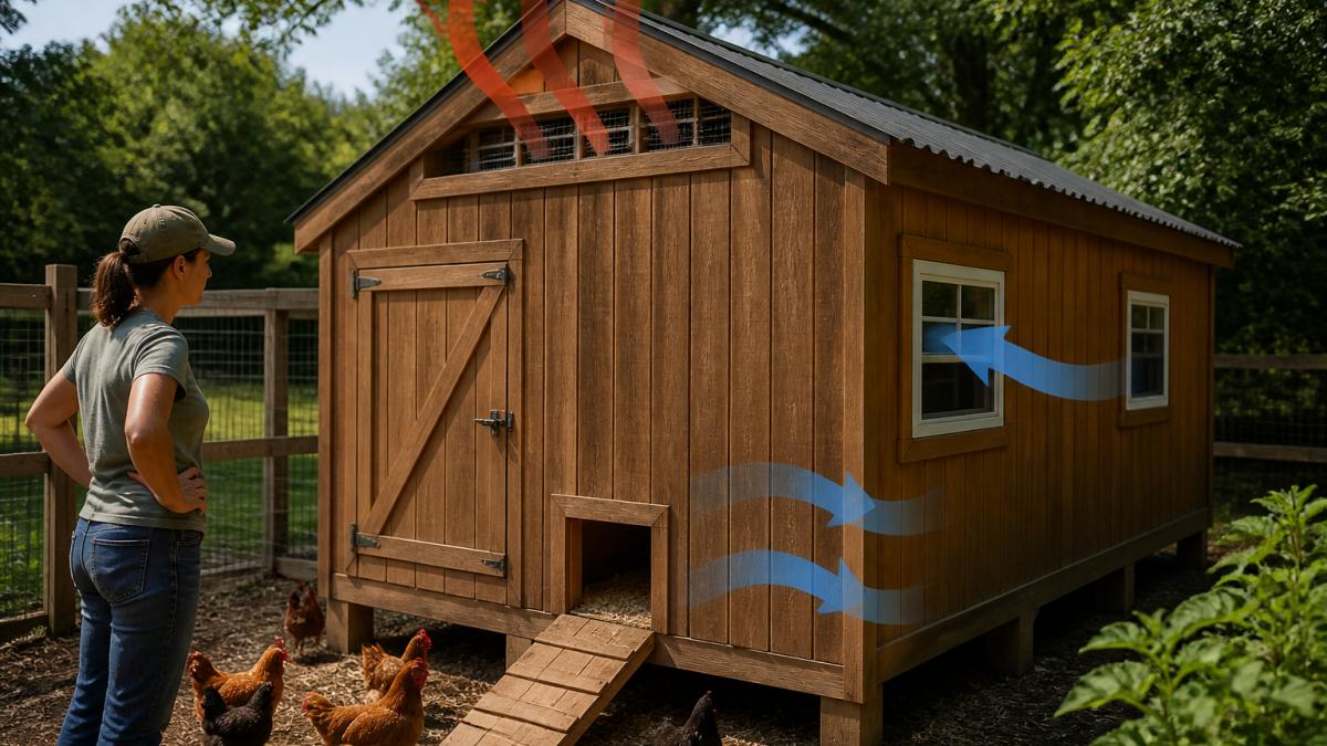 Backyard chicken coop showing ventilation design with high gable vents visible at roof peak, windows positioned on opposite wall, and fresh air entering low while moisture-heavy air escapes high