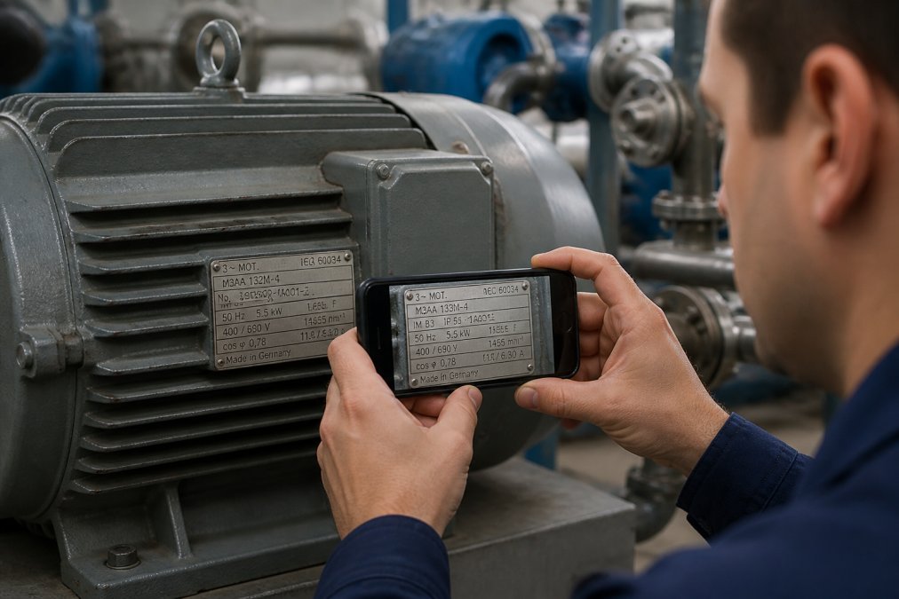 Technician photographing machine nameplate with smartphone, showing clear view of part number, manufacturer logo, and serial information on industrial equipment