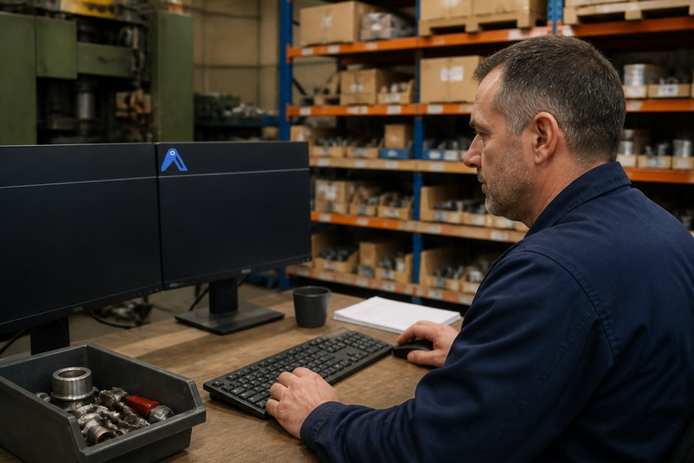 Maintenance manager reviewing sourcing data on dual-monitor workstation with spare parts visible on shelves in background, industrial warehouse setting