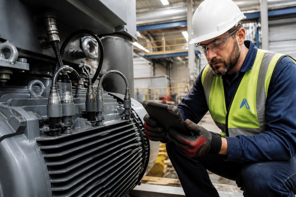 Close-up of industrial vibration and temperature sensors mounted on a servo motor housing, with a technician in safety vest and gloves checking readings on a rugged handheld device in a factory bay