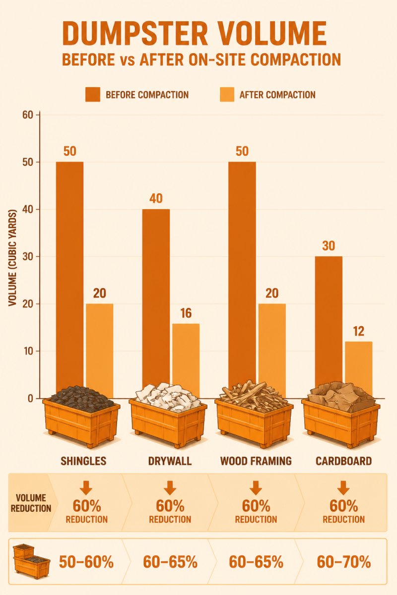 Bar chart showing 50 to 70 percent volume reduction to lower dumpster rental overhead for construction materials.