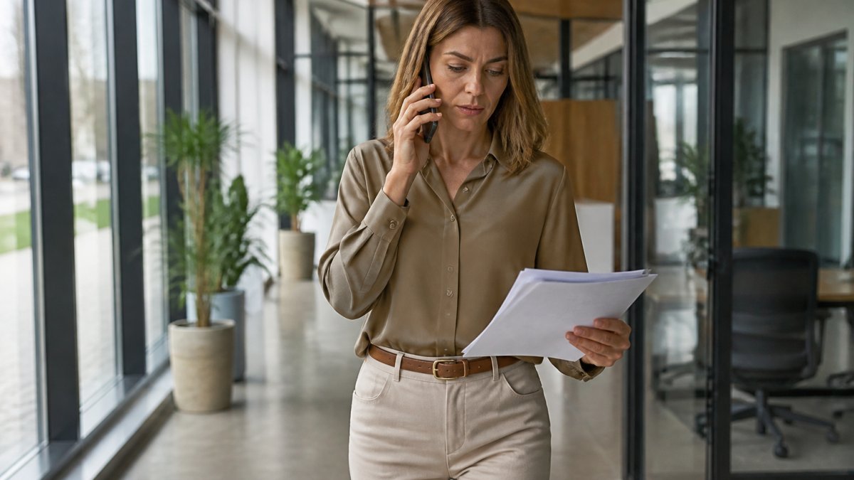 Business owner or HR manager reviewing payroll documents and records on a desk with a laptop and calculator nearby, examining spreadsheets for accuracy and compliance notes