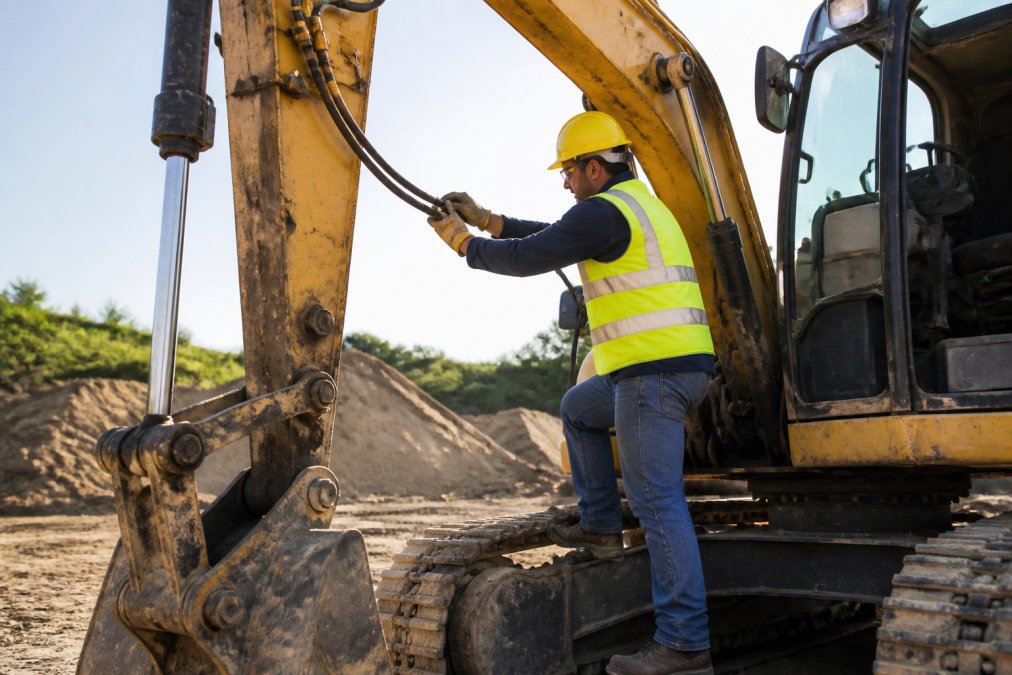 Heavy equipment operator in bright yellow safety vest and hard hat performing pre-operation inspection on an excavator, checking hydraulic hoses and structural components in morning sunlight on a construction site