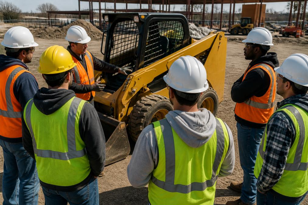 Experienced training instructor in hard hat and safety vest leading a toolbox talk with a diverse group of heavy equipment operators gathered in a semicircle around a yellow skid steer loader on a sunny construction site, pointing to specific components