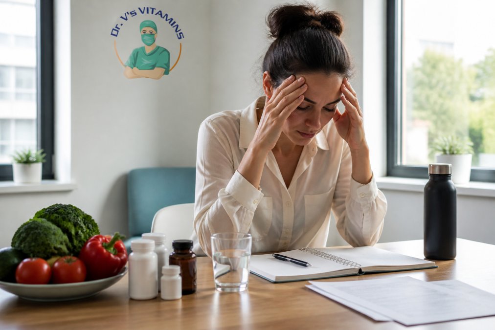 Person sitting at desk holding head in hands with visible fatigue, with fresh vegetables and supplements visible on workspace nearby, natural office lighting