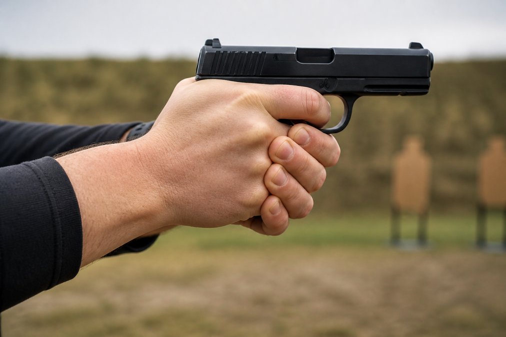 Close-up of shooter's hands demonstrating proper two-handed grip on a pistol at an outdoor range, showing proper finger placement on the trigger guard and hand positioning for stability