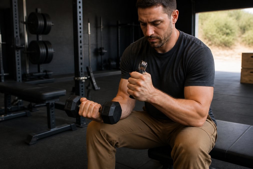 Shooter performing forearm and grip strengthening exercises with resistance equipment in a training environment, showing proper form with dumbbells and grip trainer devices