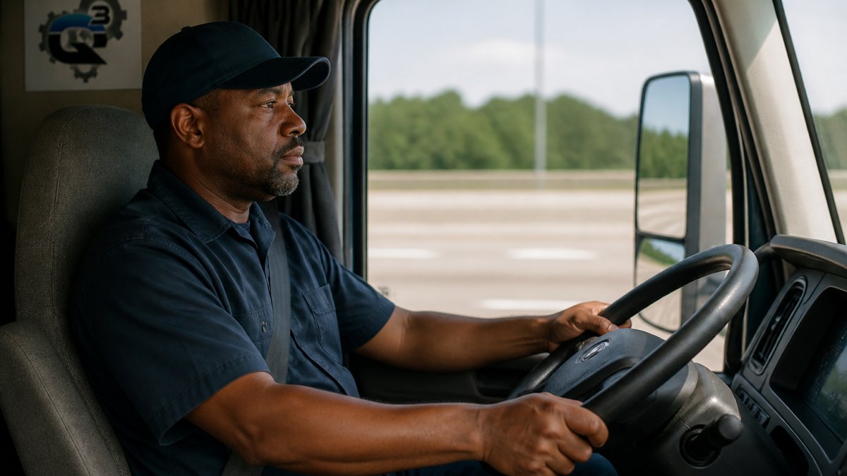 Professional truck driver sitting in cab with hands on steering wheel, focused on road ahead, demonstrating attentive fuel-efficient driving behavior