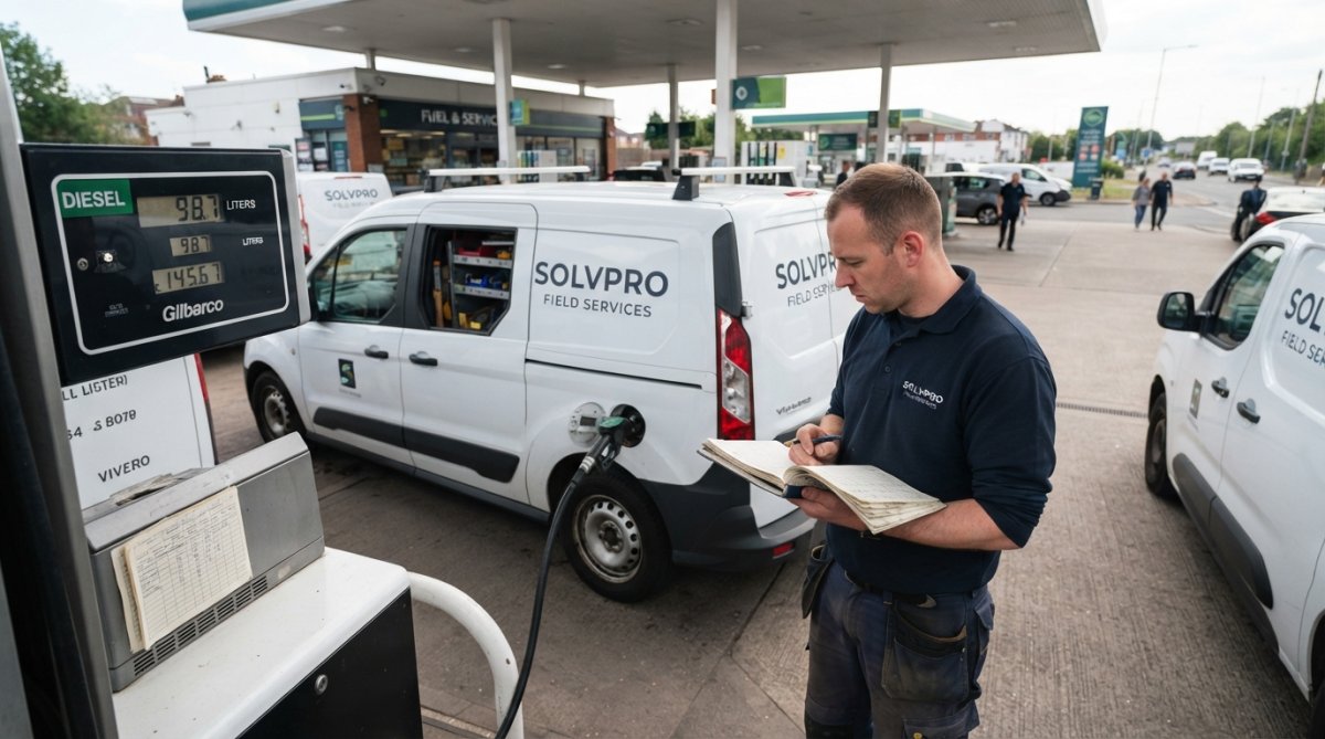 Service technician reviewing fuel consumption data and real-time vehicle metrics on a mobile tablet while standing next to a white service van in an outdoor parking lot