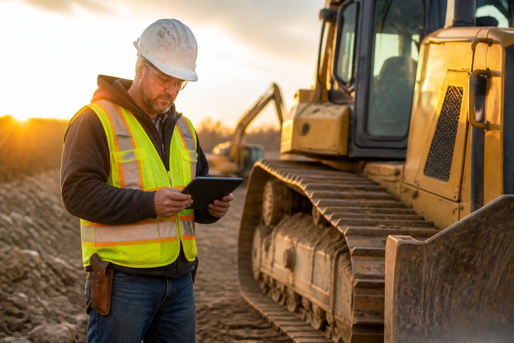 A fleet manager in a hard hat reviewing equipment telematics data on a tablet while standing next to a bulldozer on an active construction site, late afternoon sunlight