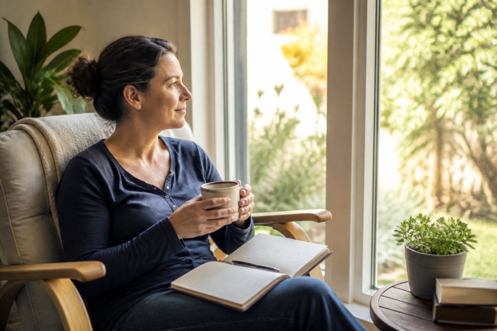 A relaxed parent sits by a sunny window with a notebook to help reduce homeschooling parent burnout.