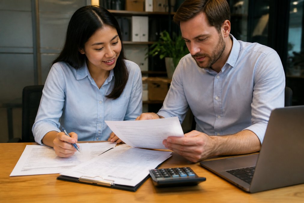 Two logistics professionals in business casual attire reviewing printed shipping contracts and rate comparison sheets at a wooden desk, with a laptop and calculator visible, under warm office lighting