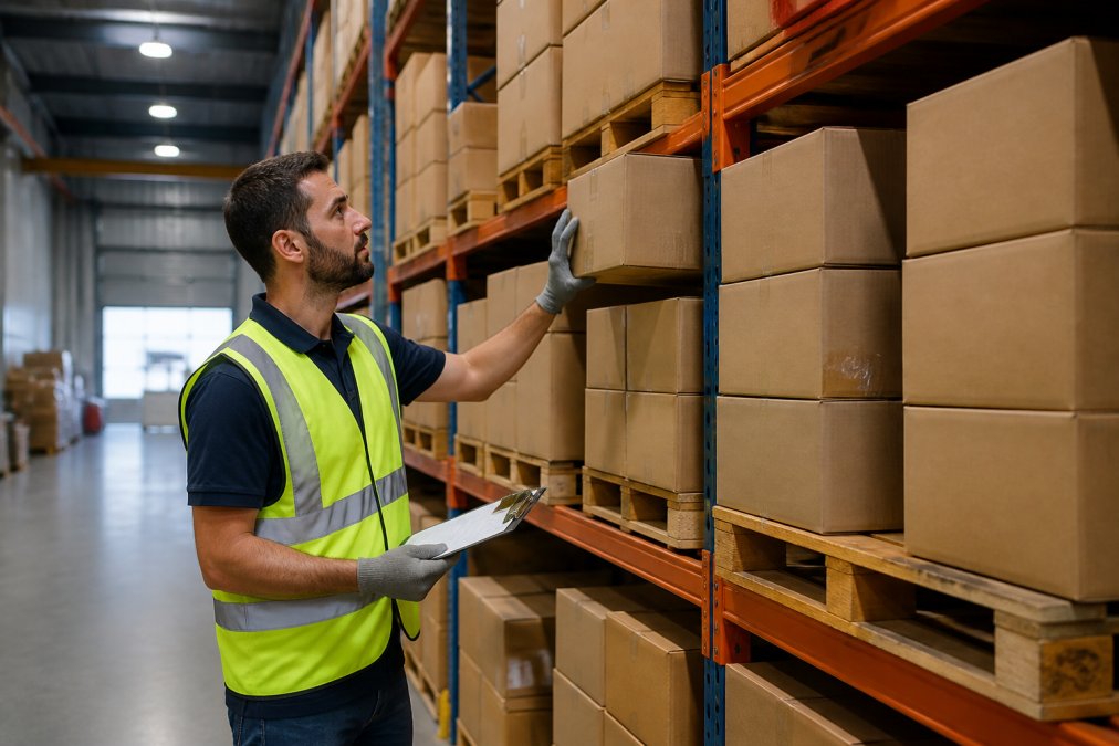Warehouse worker in safety vest and gloves carefully stacking and organizing cardboard shipping boxes on metal shelving units, with a clipboard visible and industrial lighting overhead