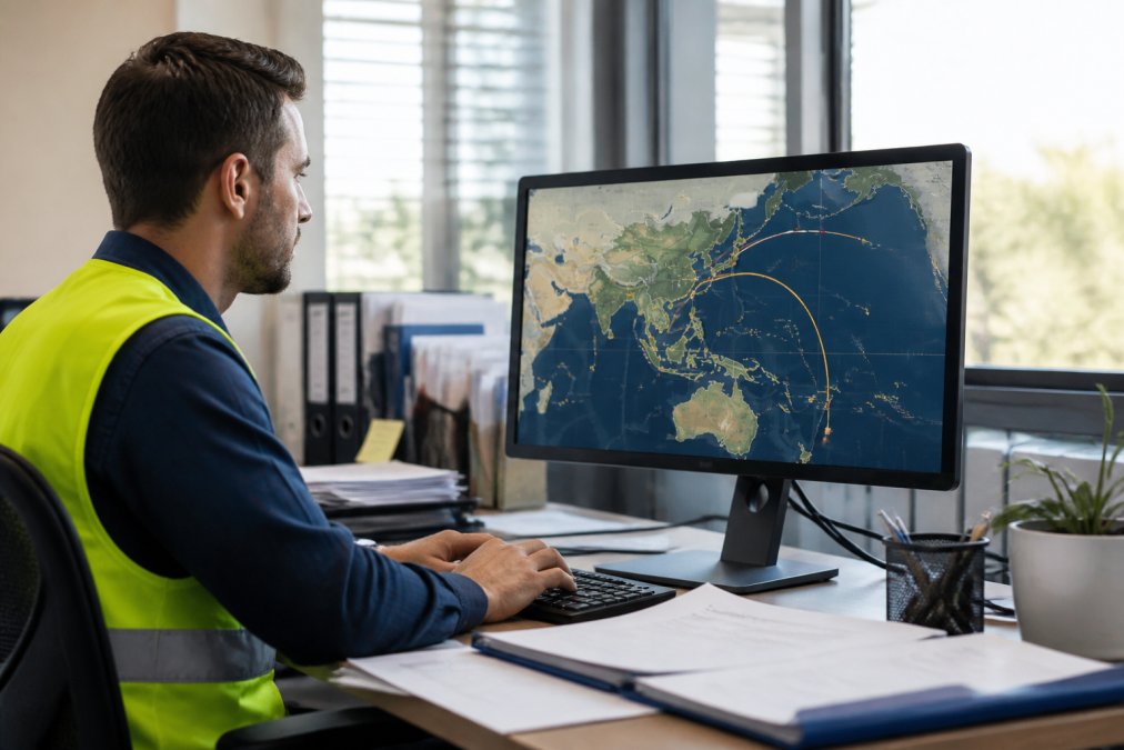A logistics coordinator monitoring a digital shipment tracking dashboard on a desktop monitor in a modern office, with a map showing cargo routes in natural daylight