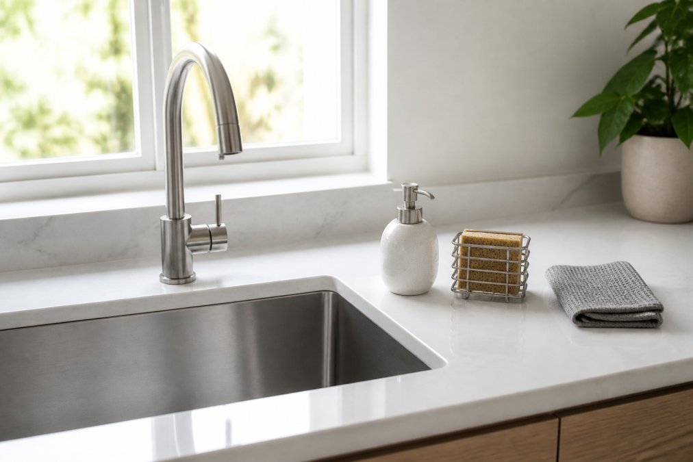 A modern kitchen sink area with minimalist Scandinavian design, white countertop with only three essential items neatly arranged, a small ceramic soap dispenser, a stainless steel sponge holder, and a single hand towel, with natural light streaming from a nearby window