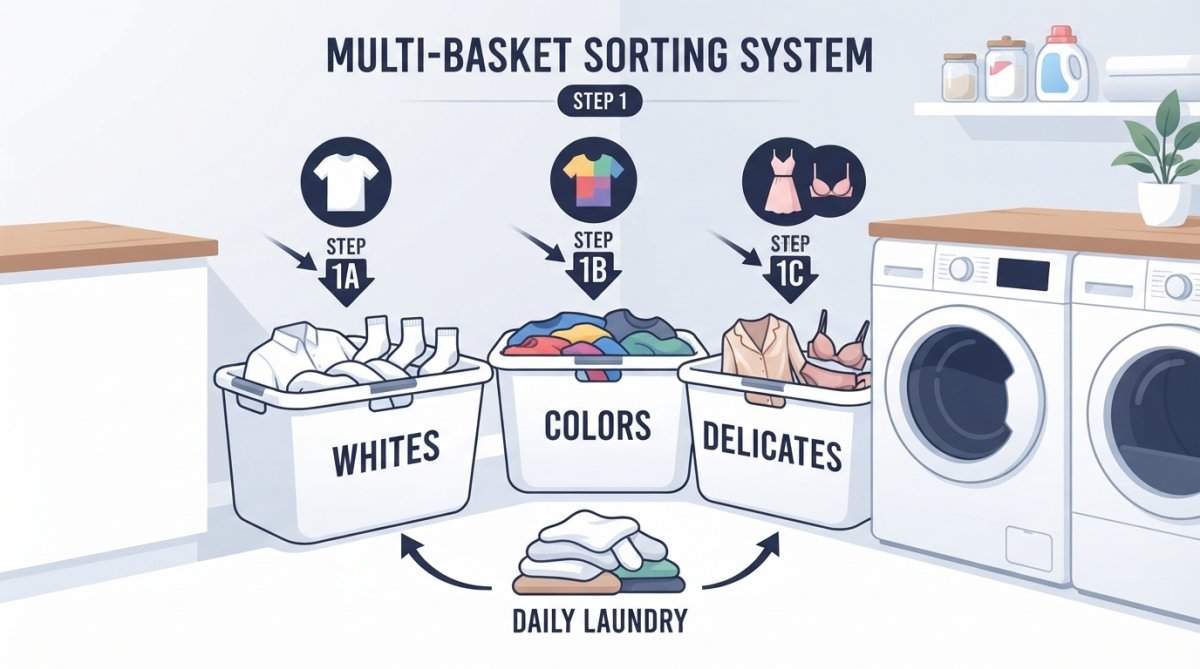 Three labeled fabric sorting baskets arranged in a laundry room corner, whites, colors, and delicates, filled with sorted clothing in a home setting with natural window light