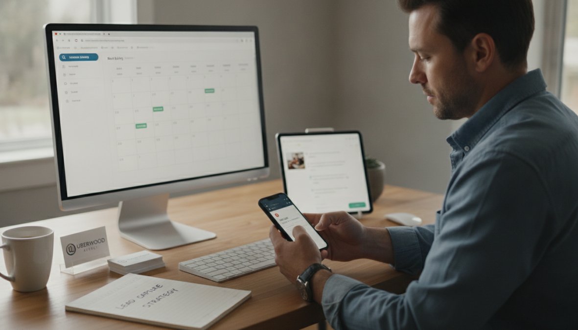 Business owner checking lead notifications on smartphone at desk, with online booking calendar visible on computer screen in background, natural office lighting