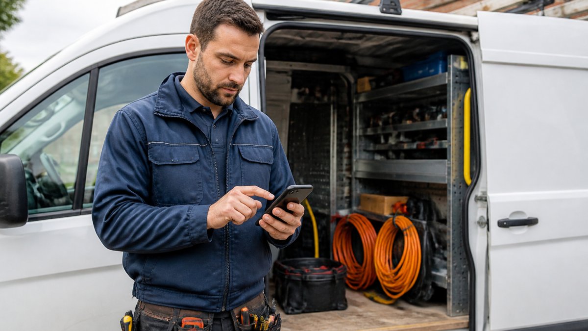 Field technician using a smartphone to replace manual data entry tasks while standing by a service van