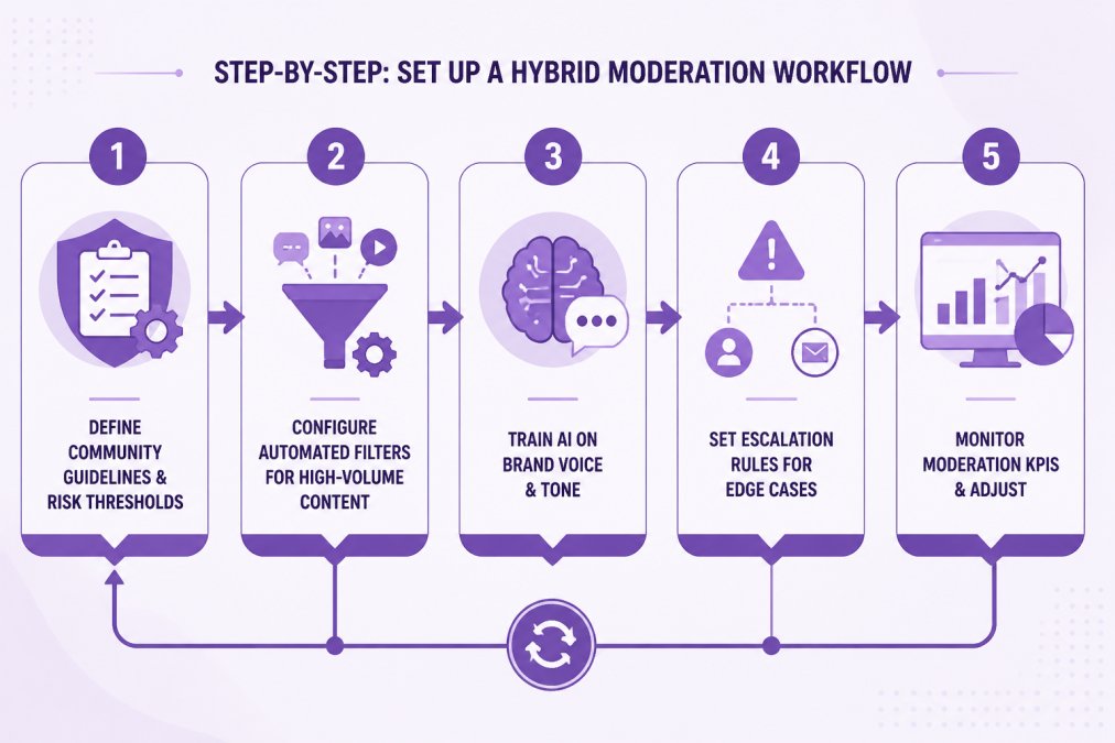 Flowchart showing 5-step workflow: Step 1 Define Community Guidelines & Risk Thresholds → Step 2 Configure Automated Filters for High-Volume Content → Step 3 Train AI on Brand Voice & Tone → Step 4 Set Escalation Rules for Edge Cases → Step 5 Monitor Moderation KPIs & Adjust