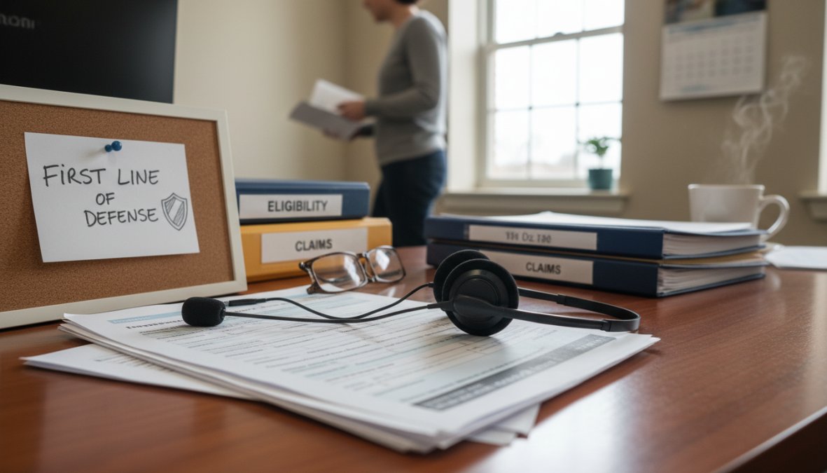 A medical administrative staff member reviewing patient insurance information on a desktop computer at a clinic front desk, with printed forms and a headset nearby, warm office lighting, focused expression
