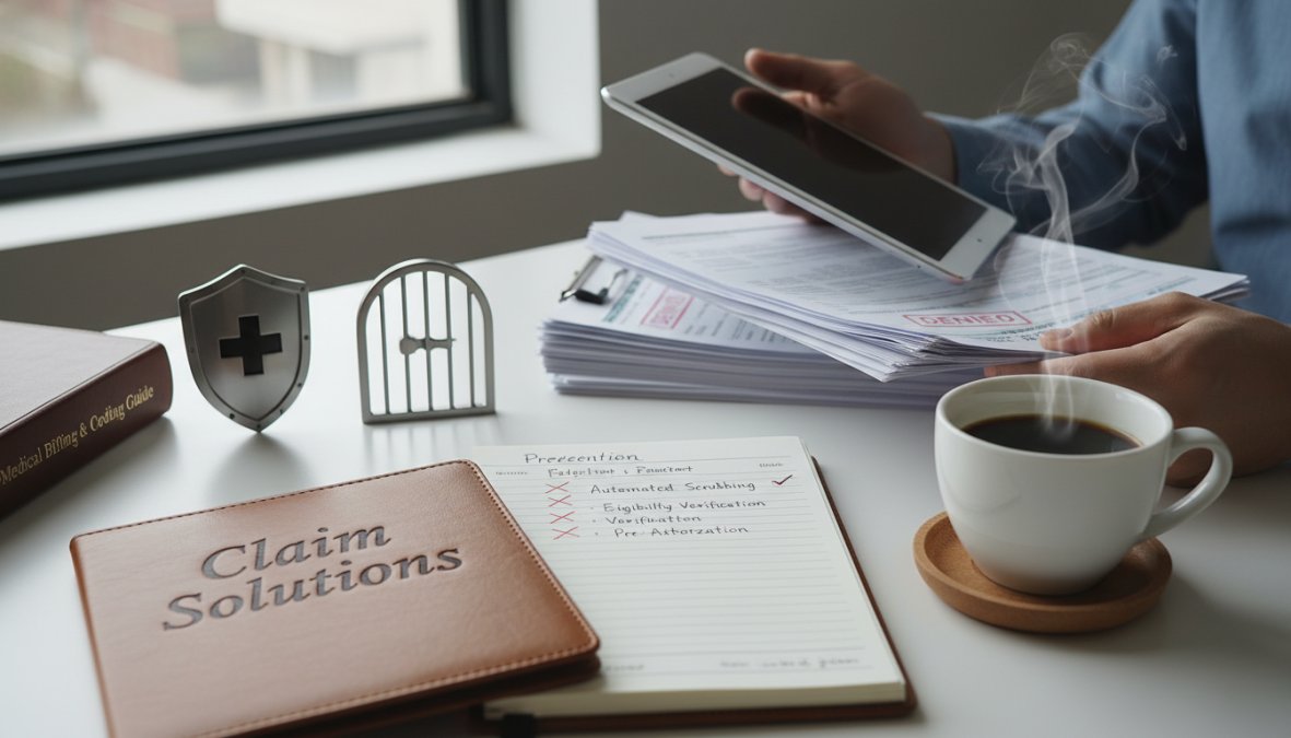 A healthcare billing professional analyzing claim data on a laptop and second monitor in a modern medical office, with a notepad and coffee cup on the desk, bright overhead lighting, professional setting