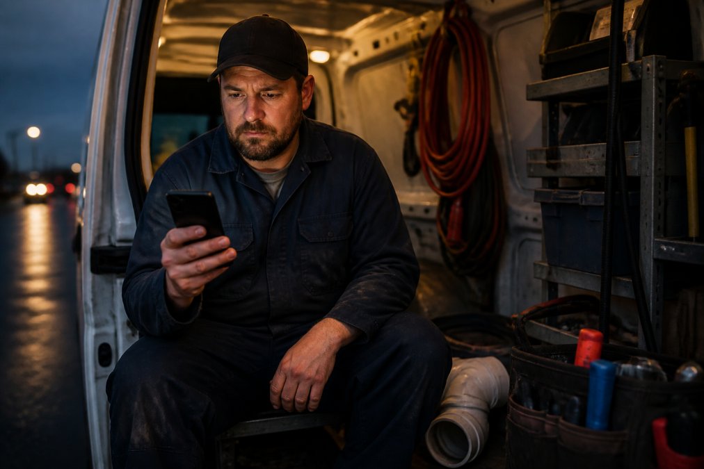 A solo plumber in a work van looking at his smartphone showing an incoming call notification, with tools visible in the background, late evening light