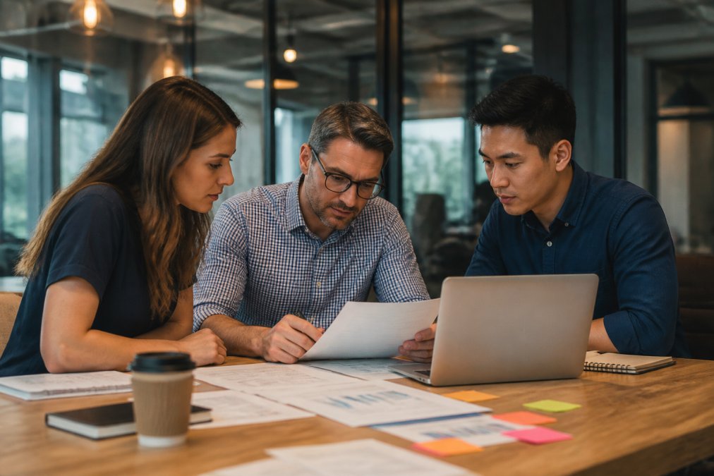 IT manager and two team members reviewing a printed disaster recovery plan on a laptop in a modern office, charts and sticky notes on the desk, warm overhead lighting, focused collaborative mood