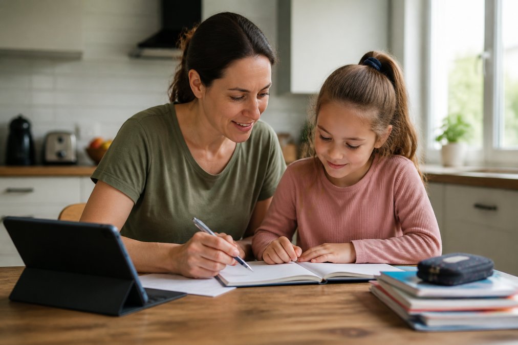 A parent and child working together at a kitchen table with books and a tablet, natural light coming through a window, relaxed and focused atmosphere