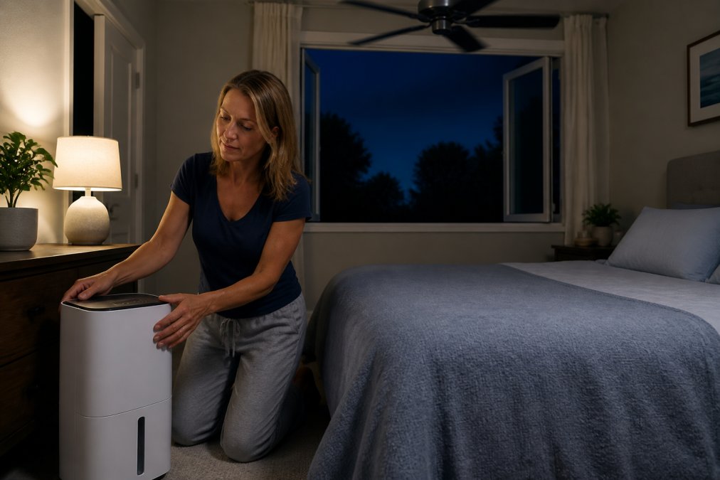 Woman in a serene bedroom at night adjusting a sleek dehumidifier beside moisture-wicking bedding, soft cool-toned lighting from a bedside lamp, open window showing dark sky, and a ceiling fan gently rotating