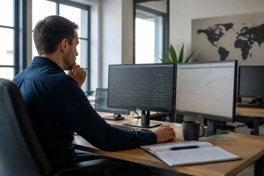 Operations manager analyzing player risk scores on a dashboard to reduce player churn in a modern office
