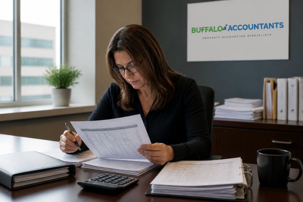 A property management controller reviewing monthly financial statements and bank reconciliations on a dual-monitor desk setup in a modern office, with a calculator and coffee mug nearby