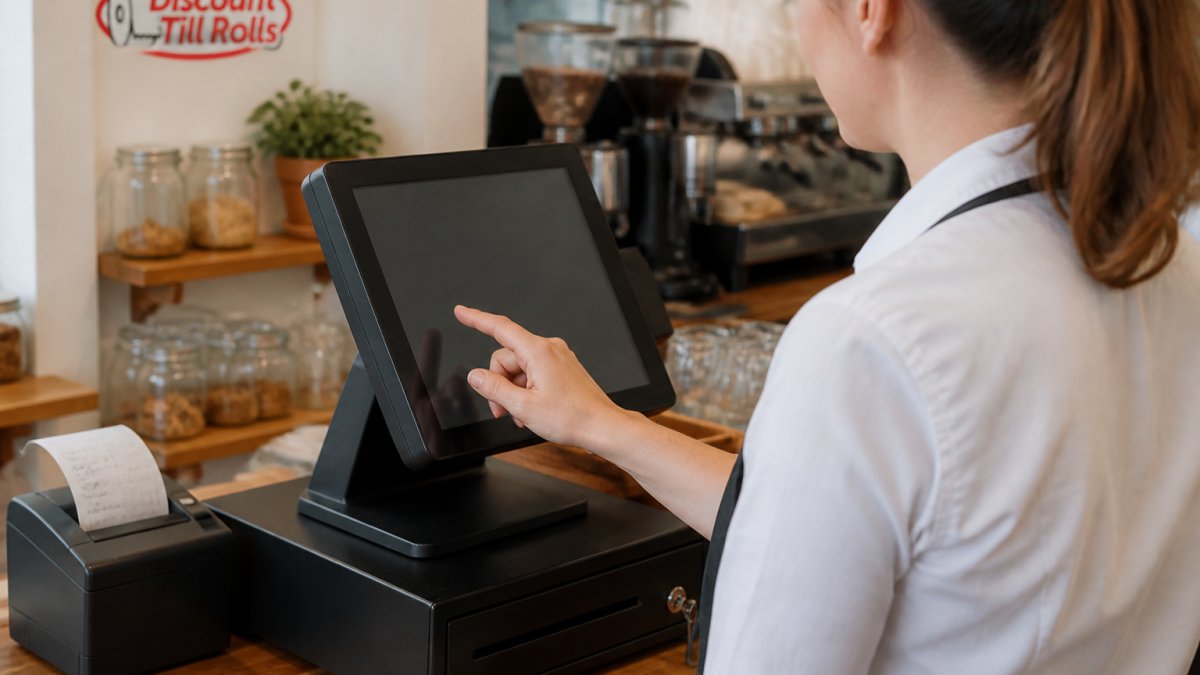 Cafe staff member adjusting receipt settings on a POS screen with a thermal receipt printer behind
