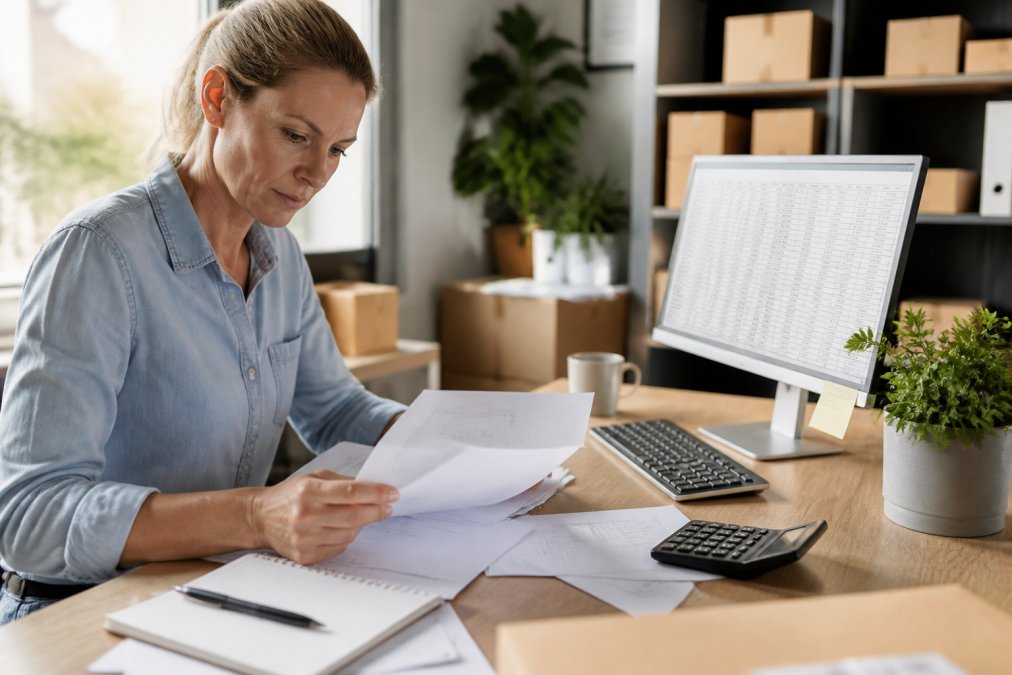 Small business owner reviewing shipping invoices and logistics data on desk with calculator, notepad, and computer screen showing spreadsheet in organised workspace with natural light
