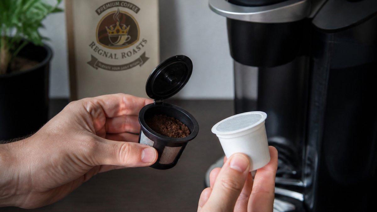 Close-up of hands holding an open reusable K-Cup filter filled with fresh coffee grounds next to a single-serve pod brewer, demonstrating the practical comparison