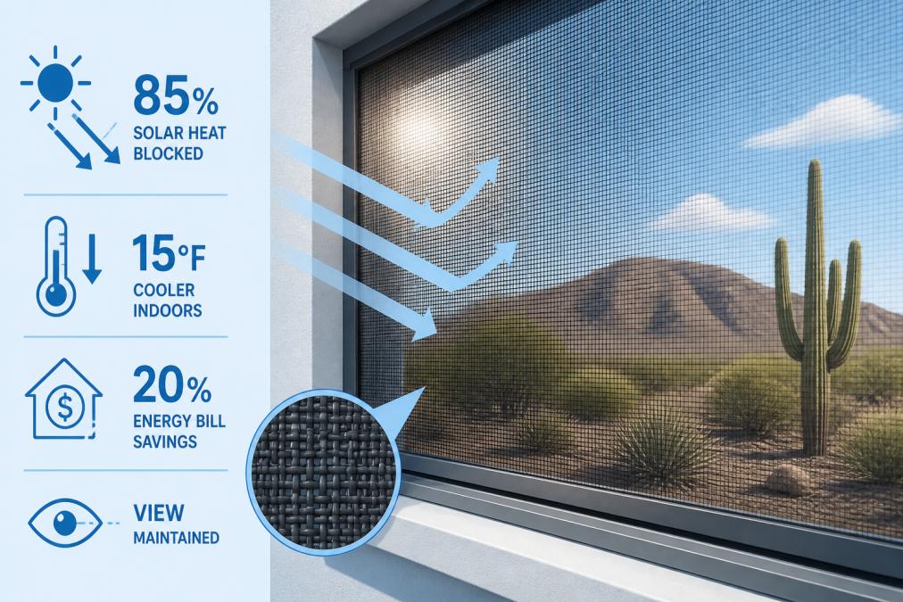Close-up view of a solar screen mesh installed on a Phoenix home's window, showing the material's weave pattern with sunlight filtering through and desert landscape visible beyond